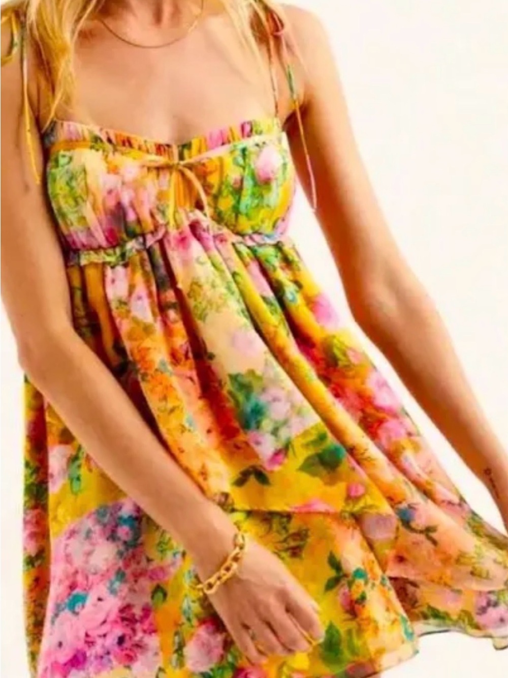 Floral Tie-Shoulder Sundress in Yellow - Women's Dress